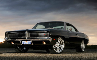 Black muscle car cloudy sky 3 - a license plate free wallpaper