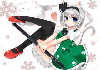 Girl cat green dress anime - black stocking free wallpaper for desktop