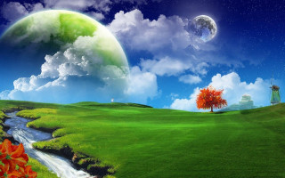 Green field stream tree moon - a full moon in the sky free wallpaper