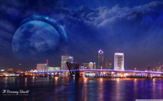 City skyline moon bridge water - a moon in the sky free wallpaper