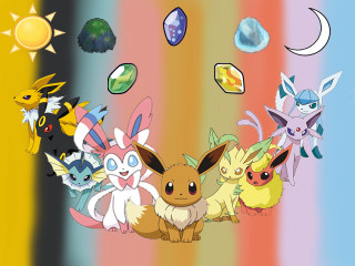 Pokemon group rainbow background sun - above them free wallpaper for desktop