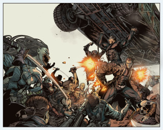 Cartoon group people guns truck - action scene free wallpaper