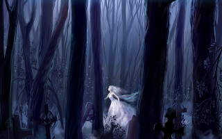 Woman white dress walking forest 2 - the side of her body free wallpaper