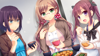 Anime girls eating food kitchen - three anime girl free wallpaper