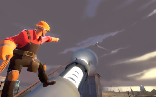 Man hardhat pipe pointing sunset - action pose free wallpaper for desktop