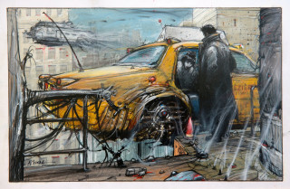 Man yellow car city crane - matte drawing free wallpaper