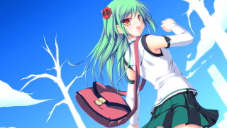 Girl green hair backpack cartoon - a blue sky free wallpaper