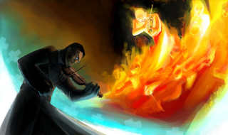 Man black suit fire ice - epic composition free wallpaper for desktop