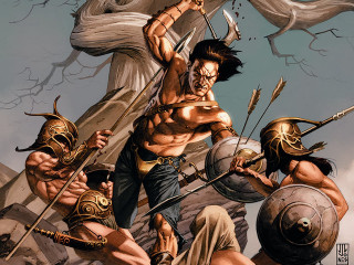 Battle male fantasy weapon spear - another man holding free wallpaper