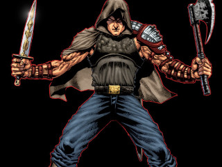 Man sword hoodie axes hammer - western comic book art free wallpaper