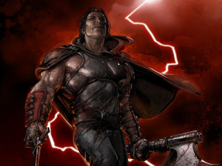 Man armor axe lightning painting - a man in armor free wallpaper