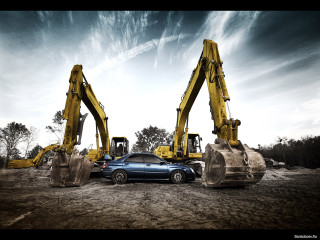 Blue car yellow excavator dirt - a blue car free wallpaper