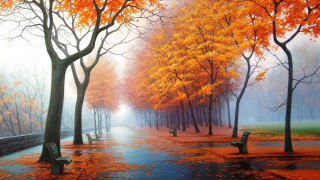 Park benches trees fall colors 3 - an oil painting free wallpaper