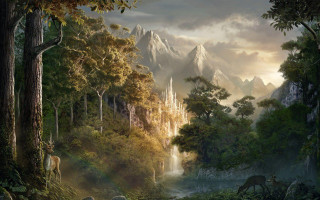 Forest waterfall castle deer painting 3 - christophe vacher free wallpaper