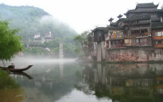 River boat buildings fog water - cao buxing free wallpaper for desktop