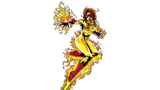 Woman yellow red fire costume - leg free wallpaper