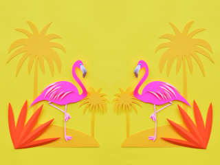 Pink flamingos yellow background palm - carol bove free wallpaper for desktop