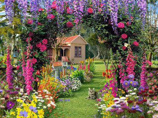 Garden house flowers cat grass - kinkade free wallpaper