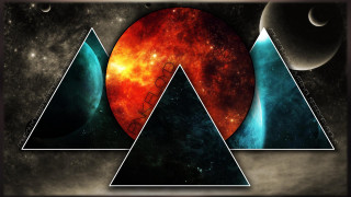 Space mountains planets red blue - geometric shape free wallpaper