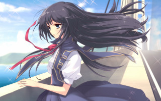 Girl long hair sitting on - a ledge free wallpaper