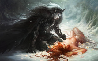 Woman demon snow knife background - her hand and a demon in the background free wallpaper