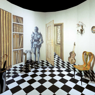 Checkered floor robot guitar mural - flemish free wallpaper for tablet