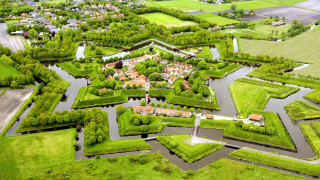 Large green field river town - daarken free wallpaper