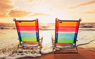 Chairs beach sunset ocean waves - two chair free wallpaper
