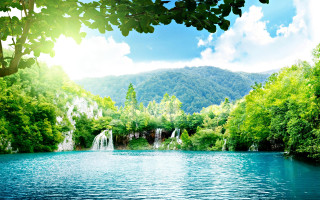 Lake trees waterfall blue sky - edi rama free wallpaper