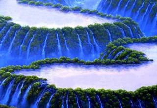 Waterfall river trees painting nature - a painting of a waterfall free wallpaper