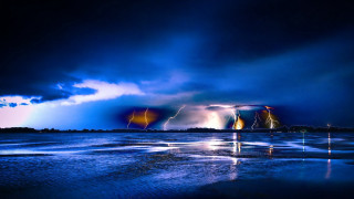 Lightning strikes water boat dark - thunderstorm free wallpaper