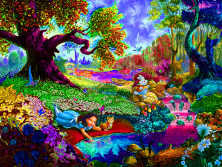 Tree woman blanket field flowers - psychedelic free wallpaper for desktop