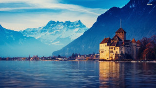 Castle lake mountains blue sky 8 - a castle free wallpaper