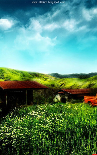 Red truck green grass flower - a red truck free wallpaper for mobile