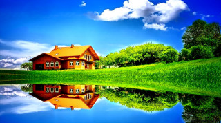 House reflection lake greenfield trees - a green field and trees free wallpaper