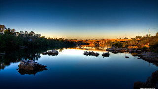 Bridge river rocks trees sunset - rock and trees free wallpaper