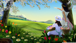 Girls flower picking dog bird - two girl free wallpaper