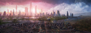 Futuristic city tall buildings traffic 4 - sunset time free wallpaper