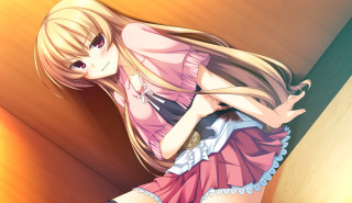 Girl long hair pink dress 8 - against a wall free wallpaper