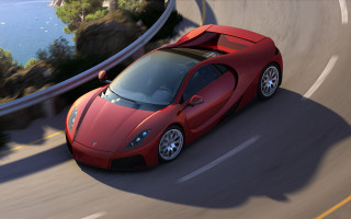 Red sports car driving road 33 - a body of water and trees free wallpaper