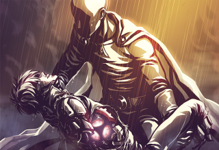 Rainy armor man holding woman - a bloody hand free wallpaper