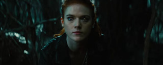 Woman blue eyes forest serious - free dark wallpaper for desktop