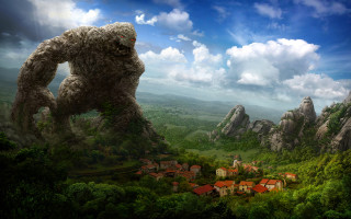 Giant creature mountainous area village - a mountainous area free wallpaper