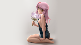 Pink hair woman sitting fan - the ground holding free wallpaper