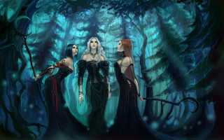 Three women black dresses forest - three woman free wallpaper