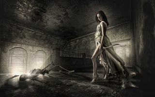 Woman long dress skeleton room - a skeleton free wallpaper