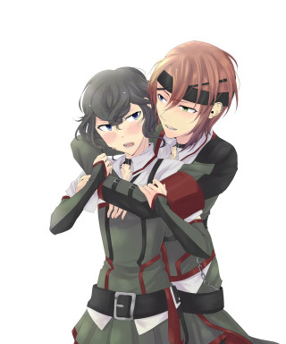 Anime characters hugging arms around - outfit free wallpaper for mobile