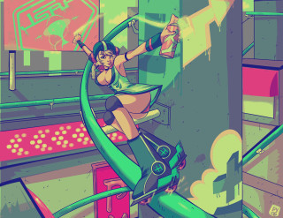 Cartoon girl rollercoaster city neon - retrofuturism free wallpaper