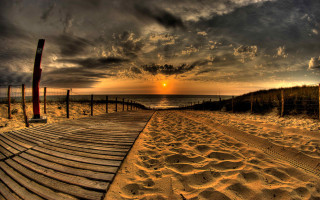 Wooden walkway beach sunset cloudy - a wooden walkway free wallpaper
