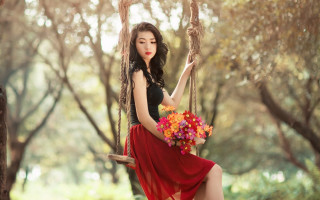 Woman red dress swing flowers - a swing free wallpaper